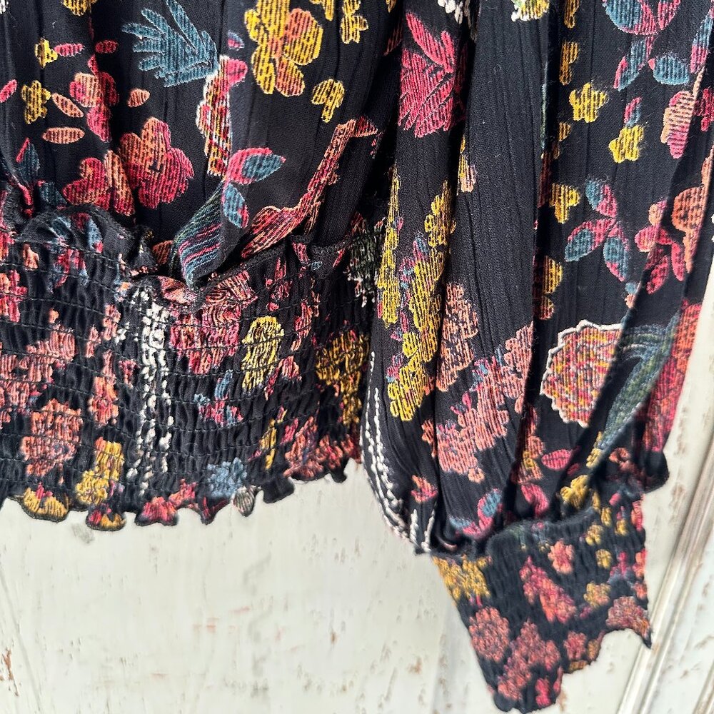 Angie Black Floral Tie-Neck Blouse with Pink and Gold Blooms - Picture 5 of 7